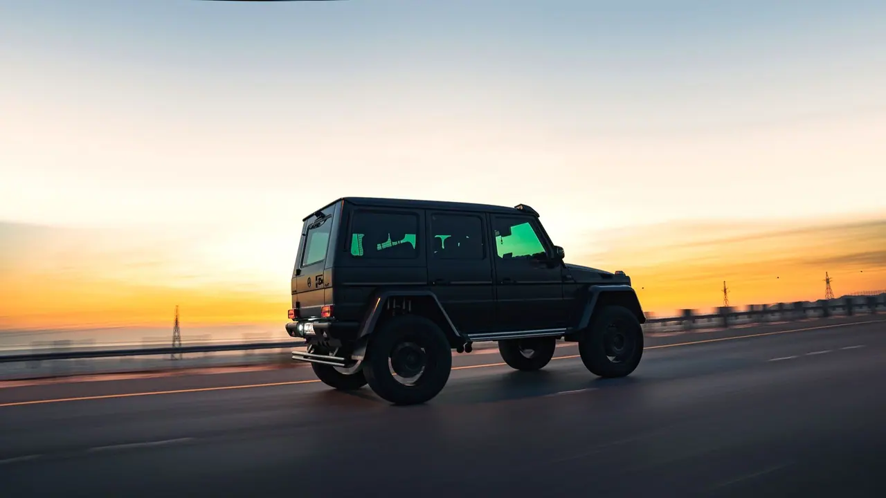 Dynamic shot of a 4x4 SUV in motion during sunset on a highway, capturing the essence of travel and adventure.