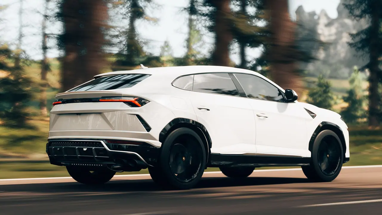 A white luxury SUV speeds down a scenic road, embodying speed and modern elegance.